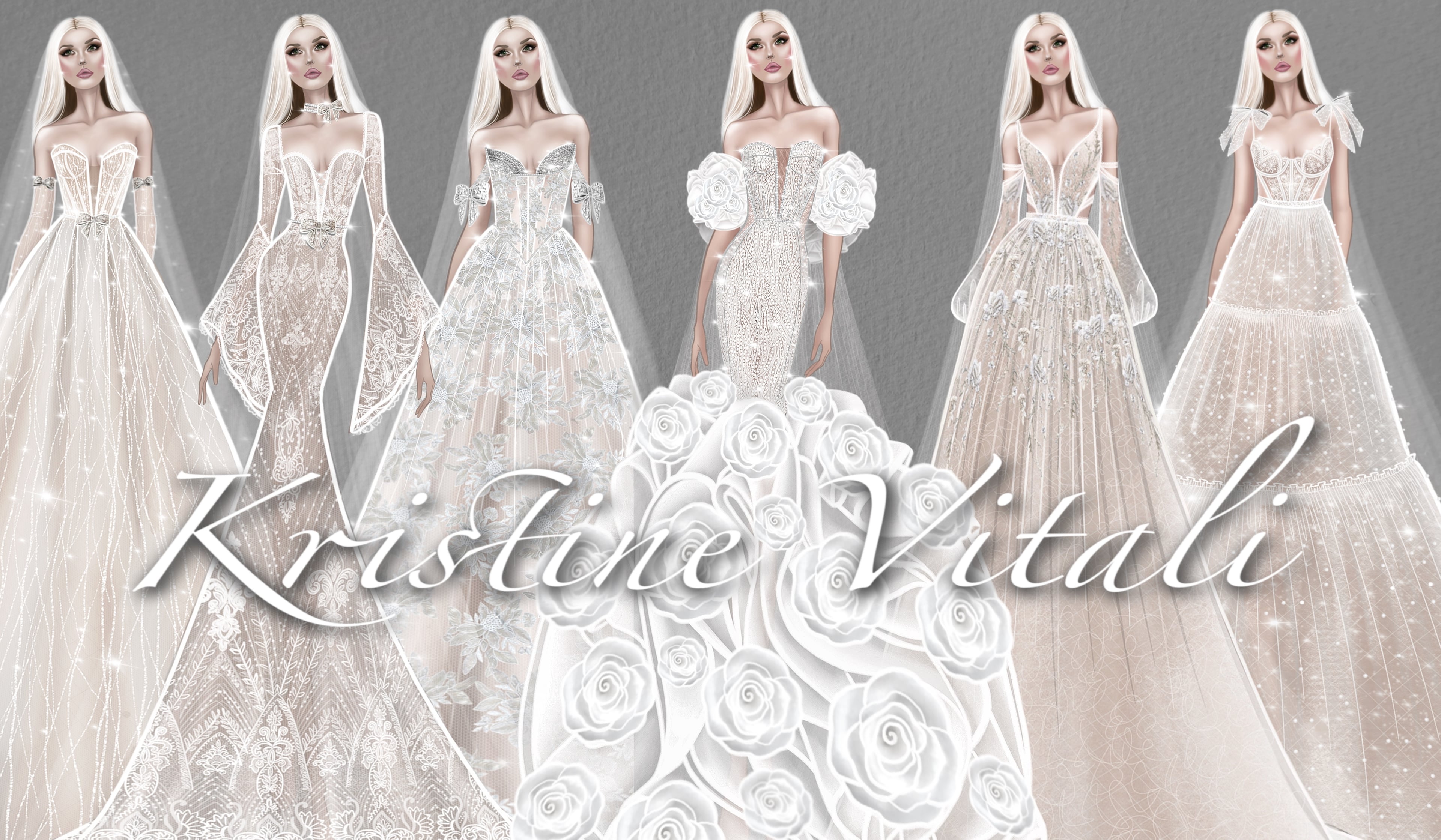 Six bridal gown illustrations by Kristine Vitali, with her signature across the image